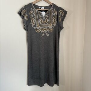 THML Womens Shift Dress Medium Gray Embroidered Bohemian Art to Wear Folksy